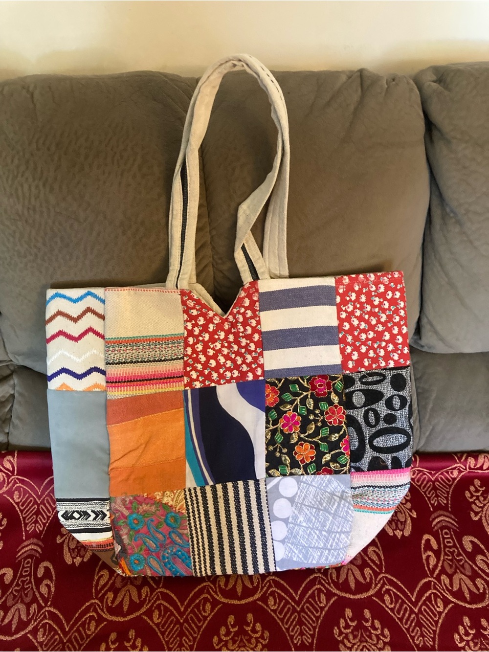 Boho Patchwork Tote Bag in Multicolor with Cream Straps